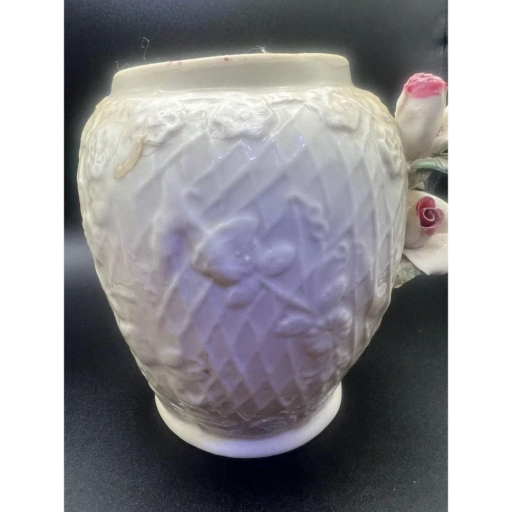 Vintage Porcelain Vase with  3D Roses, Ribbons, and Diamond Embossed Pattern,